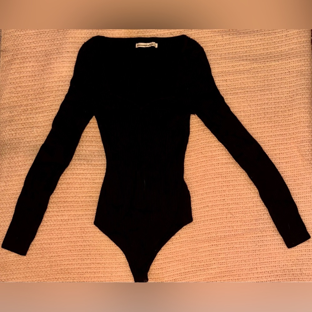Abercrombie and Fitch Long Sleeved Ribbed Thong Body Suit Black Small Stretch